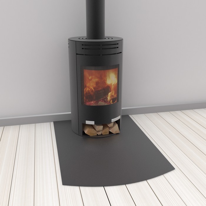 Neliskulmainen kamiinan aluslevy / kevyesti kaarrettu etureuna - mustaksi maalatusta teräksestä